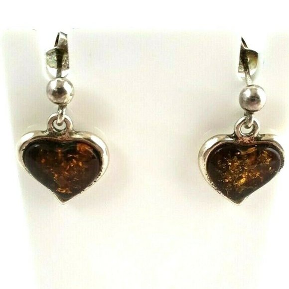 JK Designs Sterling Silver Baltic Amber Heart Dangle Earrings - Picture 1 of 7